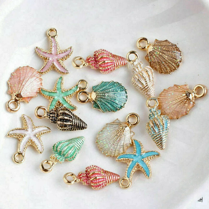13pcs Summer Beach Starfish & Shell Charms – Colorful Copper Pendants for DIY Jewelry Making (Bracelets, Necklaces, Earrings)