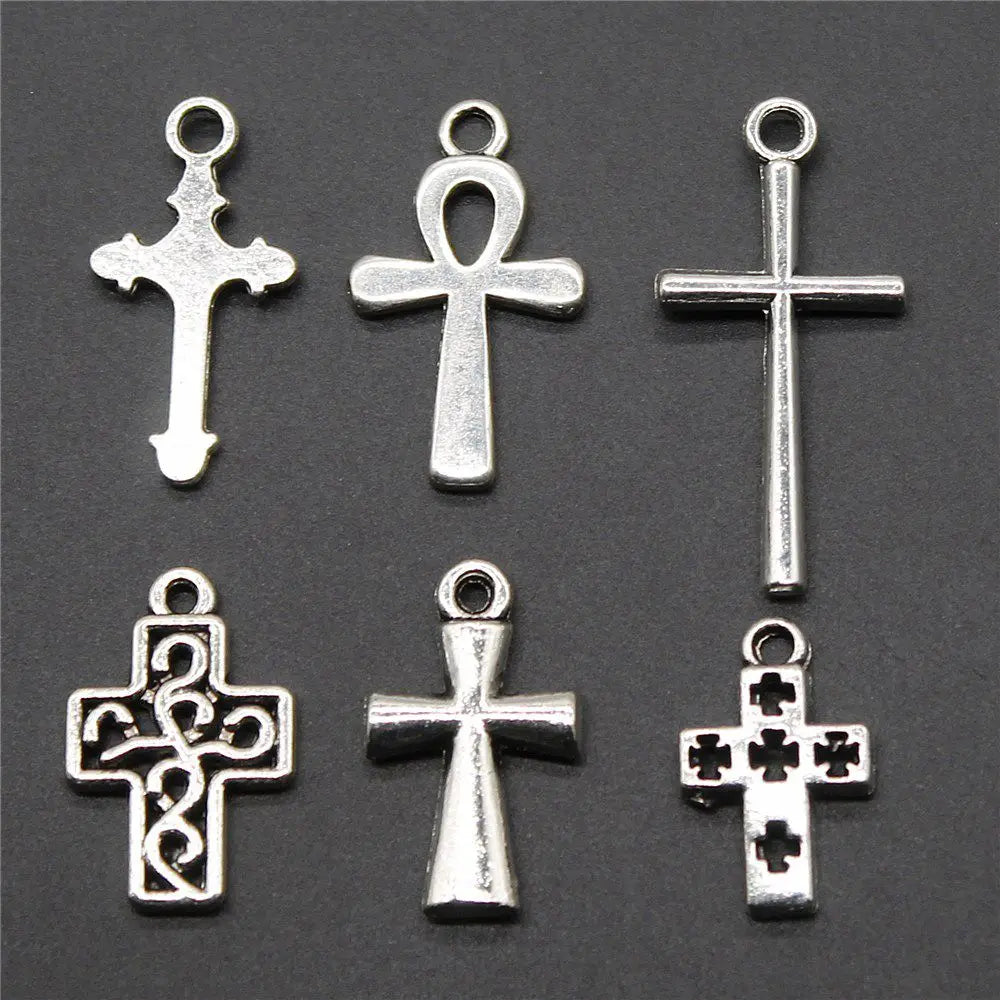 20pcs Charms Hollow Lovely Cross Antique Bronze Silver Color Pendants DIY Crafts Making Findings Handmade Tibetan Jewelry