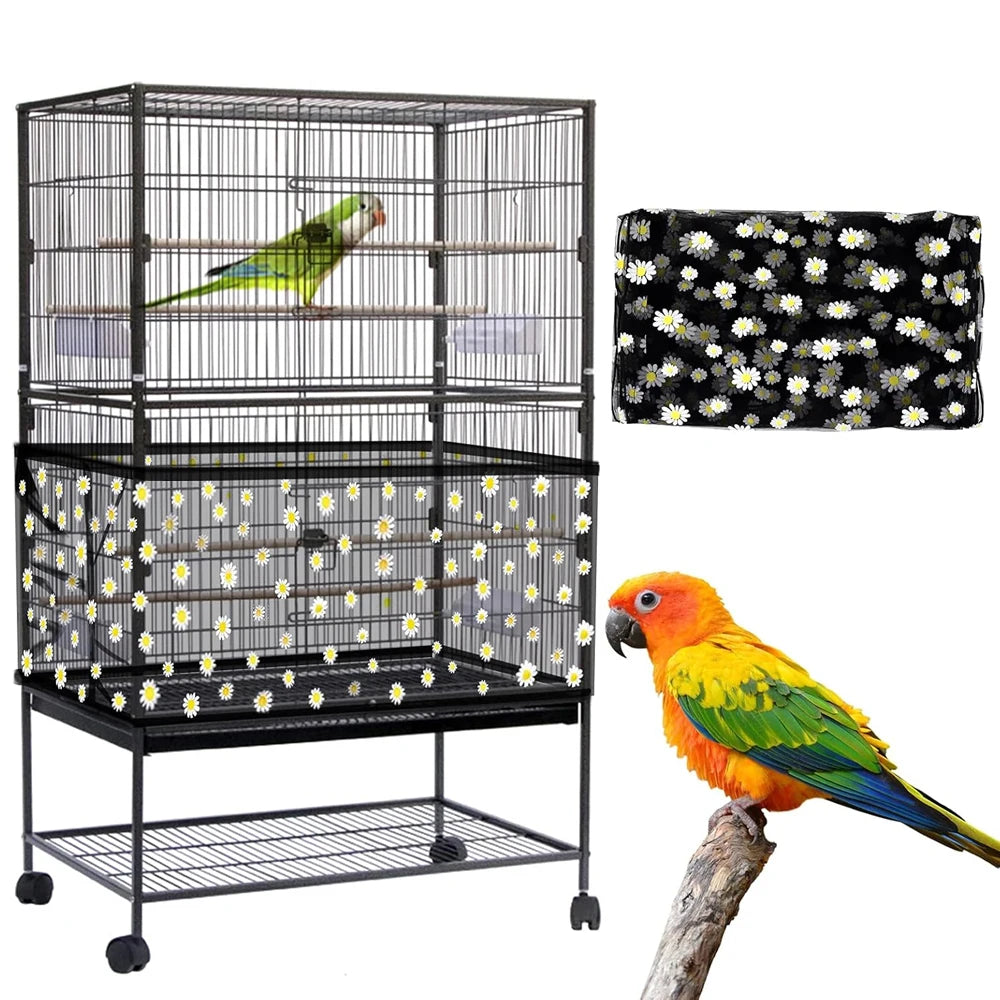 Adjustable Bird Cage Net Cover Birdcage Seed Feather Catcher Soft Skirt Guard Birdcage Nylon Mesh Netting for Round Square Cages