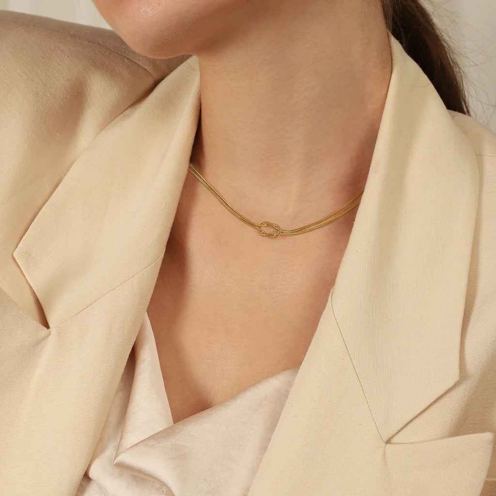 Skyrim Double Snake Chain Love Knot Necklace Women Stainless Steel Gold Color Minimalist Clavicle Chain Choker Jewelry Gift