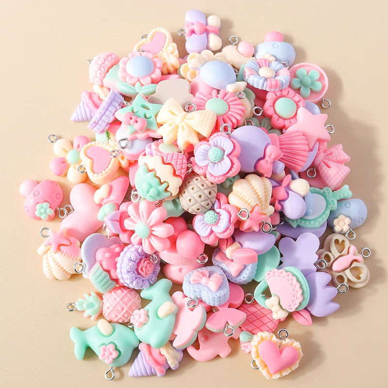 15pcs New Mix Kawaii Summer Vacation Pink Flower Heart Butterfly Ice Cream Star Resin Earrings Charms Diy Jewelry Making Pendant
