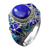 vintage Palace Style Cloisonne enamel Inlaid Lapis lazuli Ring Classical Exquisite Flower blue Ring Wedding 925 Silver Jewelry