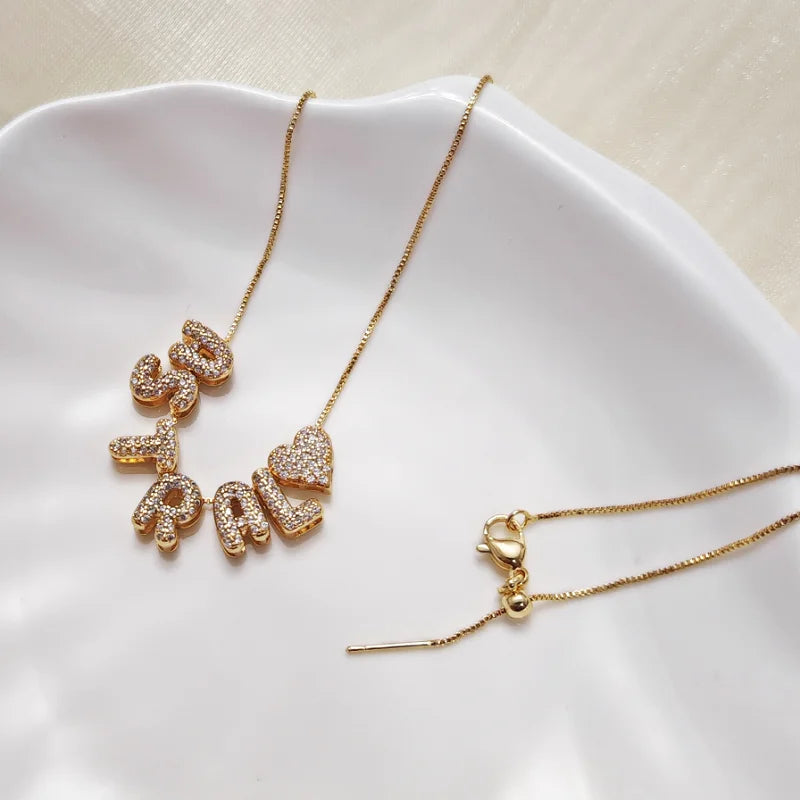 Customized Sparkling Zircon 3D Bubble Letter Name Necklace DIY 26 Initial Letter Necklace Jewelry Gift