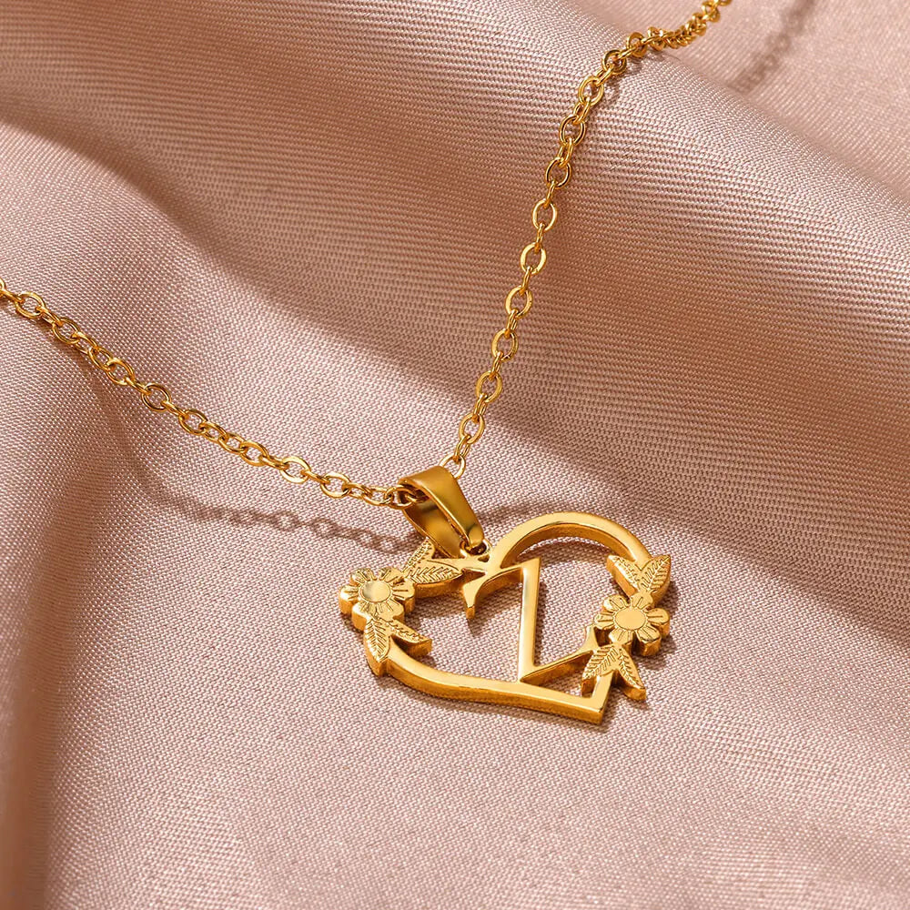 Gold Color Dainty Flower Initials Necklace Women Girl Stainless Steel Heart Letter Choker Necklace Best Gifts Alphabet Jewelry