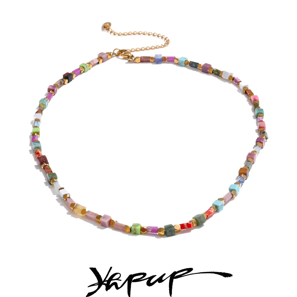 Yhpup Fashion Colorful Natural Stone Beads Chain Y2K Collar Necklace Tarnish Resistant High Quality Handmade Charm Jewelry Gift