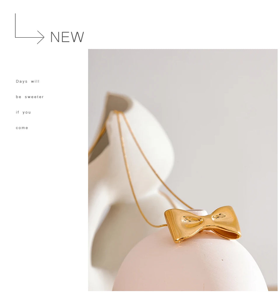 Yhpup Adjustable Long Chain Stainless Steel Metal Bow Knot Golden Trendy Pendant Choker Necklace Texture Fashion  Jewelry