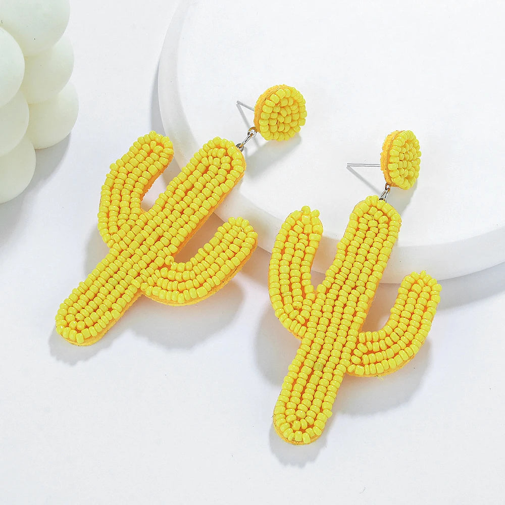 Cactus Beaded Earrings for Women Boho Colorful Beaded Earrings Statement Big Drop Dangle Earrings Summer Beachy Tropical Holiday