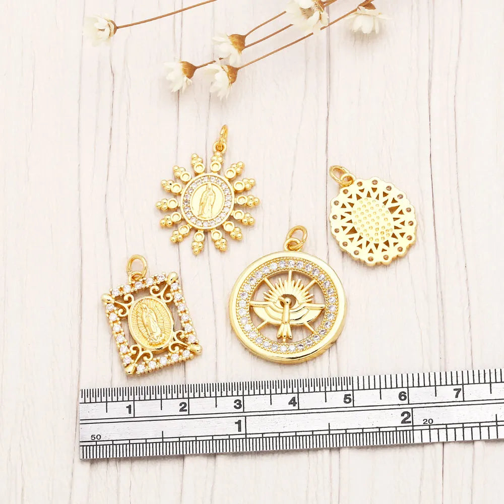 OCESRIO Cubic Zirconia Oval Virgin Mary Pendant for Necklace Copper Gold Plated Round Medal Jewelry Making Supplies pdta965