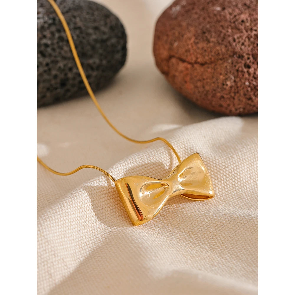 Yhpup Adjustable Long Chain Stainless Steel Metal Bow Knot Golden Trendy Pendant Choker Necklace Texture Fashion  Jewelry
