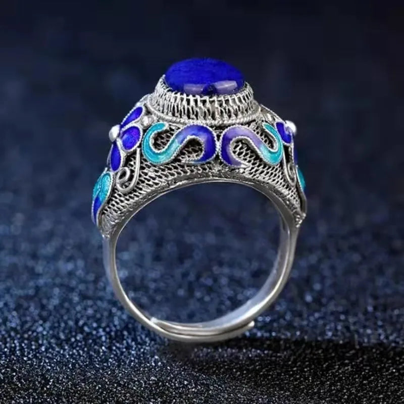 vintage Palace Style Cloisonne enamel Inlaid Lapis lazuli Ring Classical Exquisite Flower blue Ring Wedding 925 Silver Jewelry