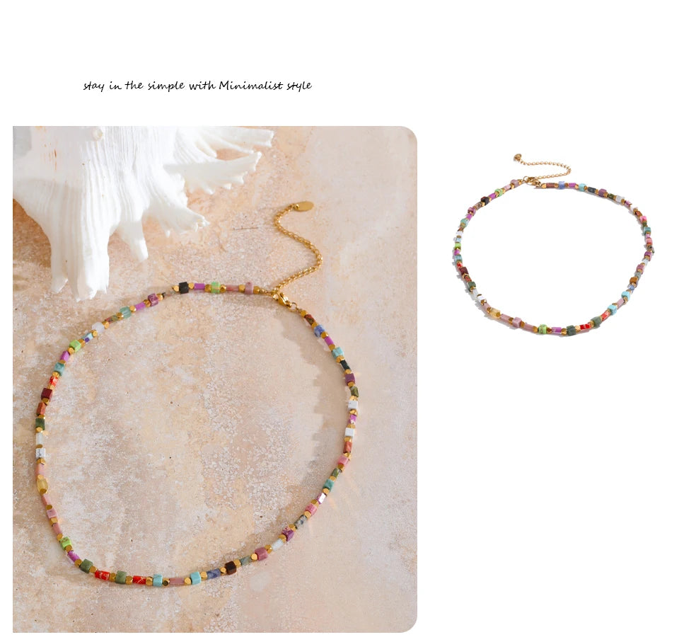 Yhpup Fashion Colorful Natural Stone Beads Chain Y2K Collar Necklace Tarnish Resistant High Quality Handmade Charm Jewelry Gift