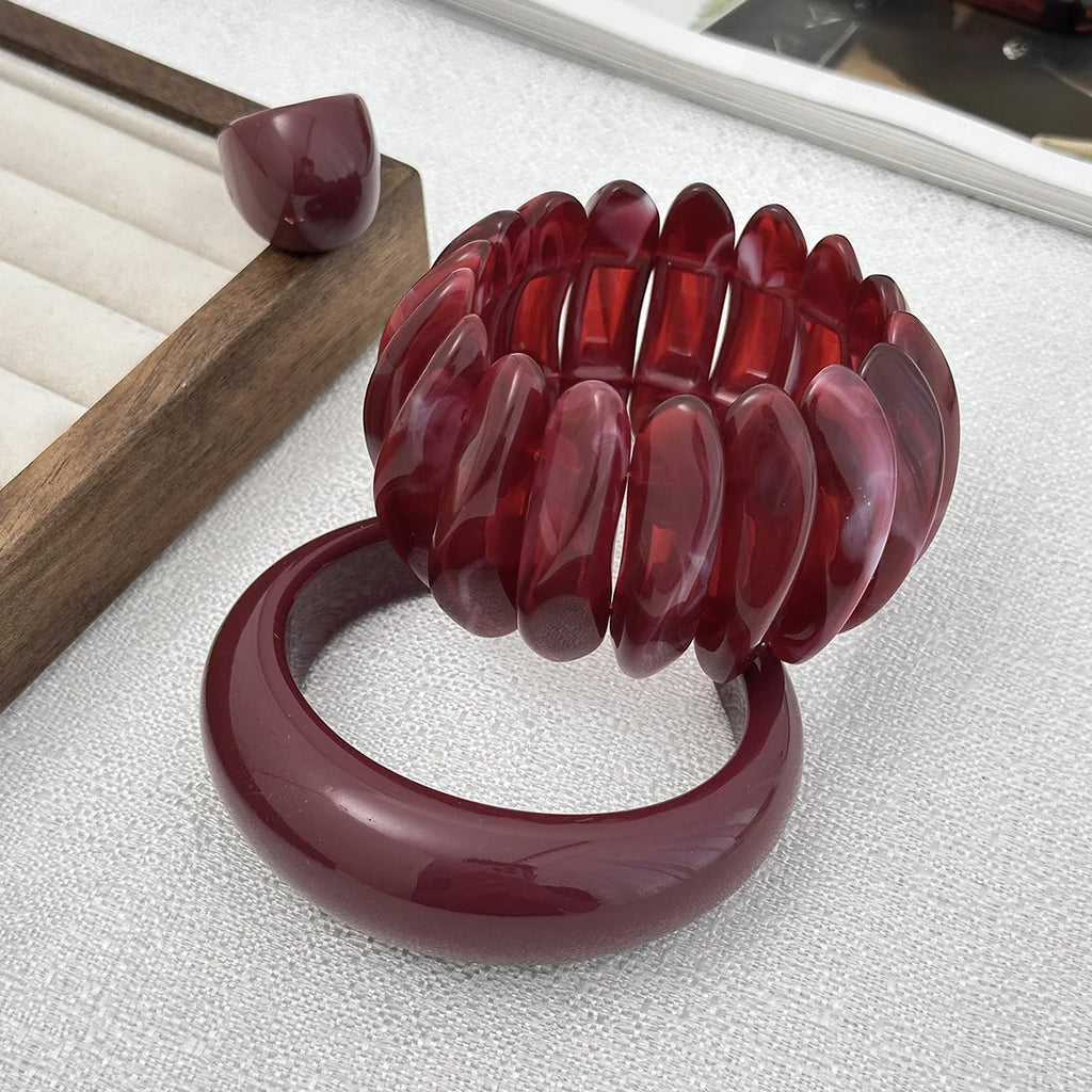 Boho Red Acrylic Resin Chunky Bangle Ring Set for Women on Hand Goth Geometric Charm Wide Hip Hop Metal Cuff Bangles Men Jewelry