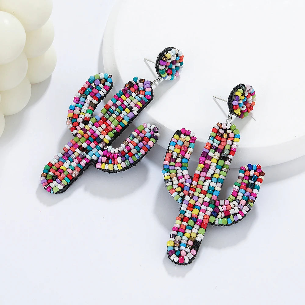 Cactus Beaded Earrings for Women Boho Colorful Beaded Earrings Statement Big Drop Dangle Earrings Summer Beachy Tropical Holiday
