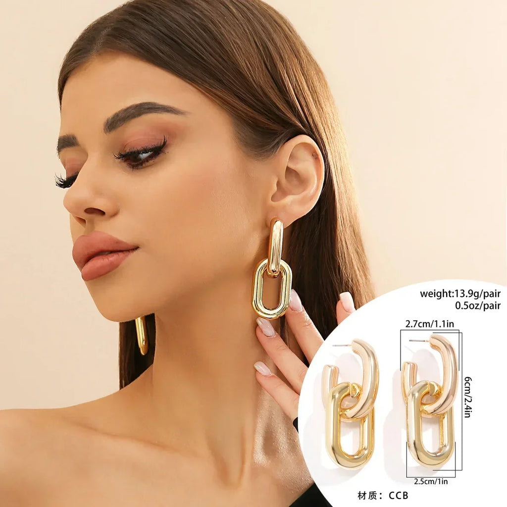 Retro Double Loop Drop Earrings – Gold Geometric Round Hoop Earrings for Women & Girls