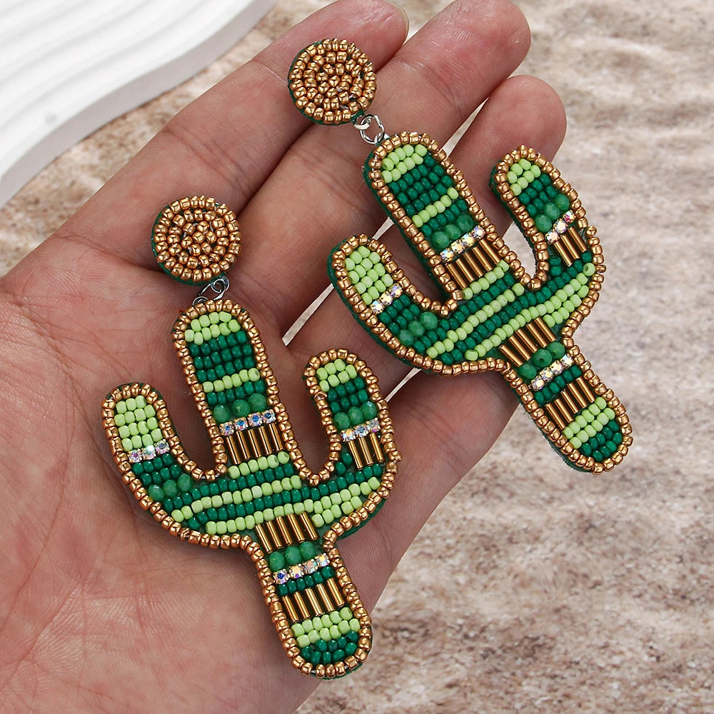 Cactus Beaded Earrings for Women Boho Colorful Beaded Earrings Statement Big Drop Dangle Earrings Summer Beachy Tropical Holiday